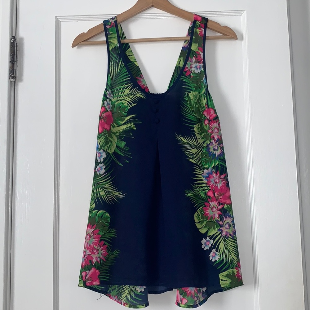 Candie’s M Navy Blue Floral Tank Top EUC Back Bow
